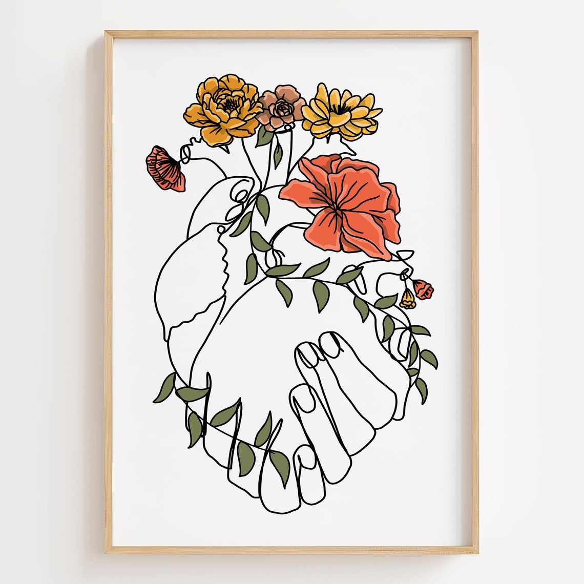 Floral Anatomical Heart Line Art Orange Blooms Medical Poster