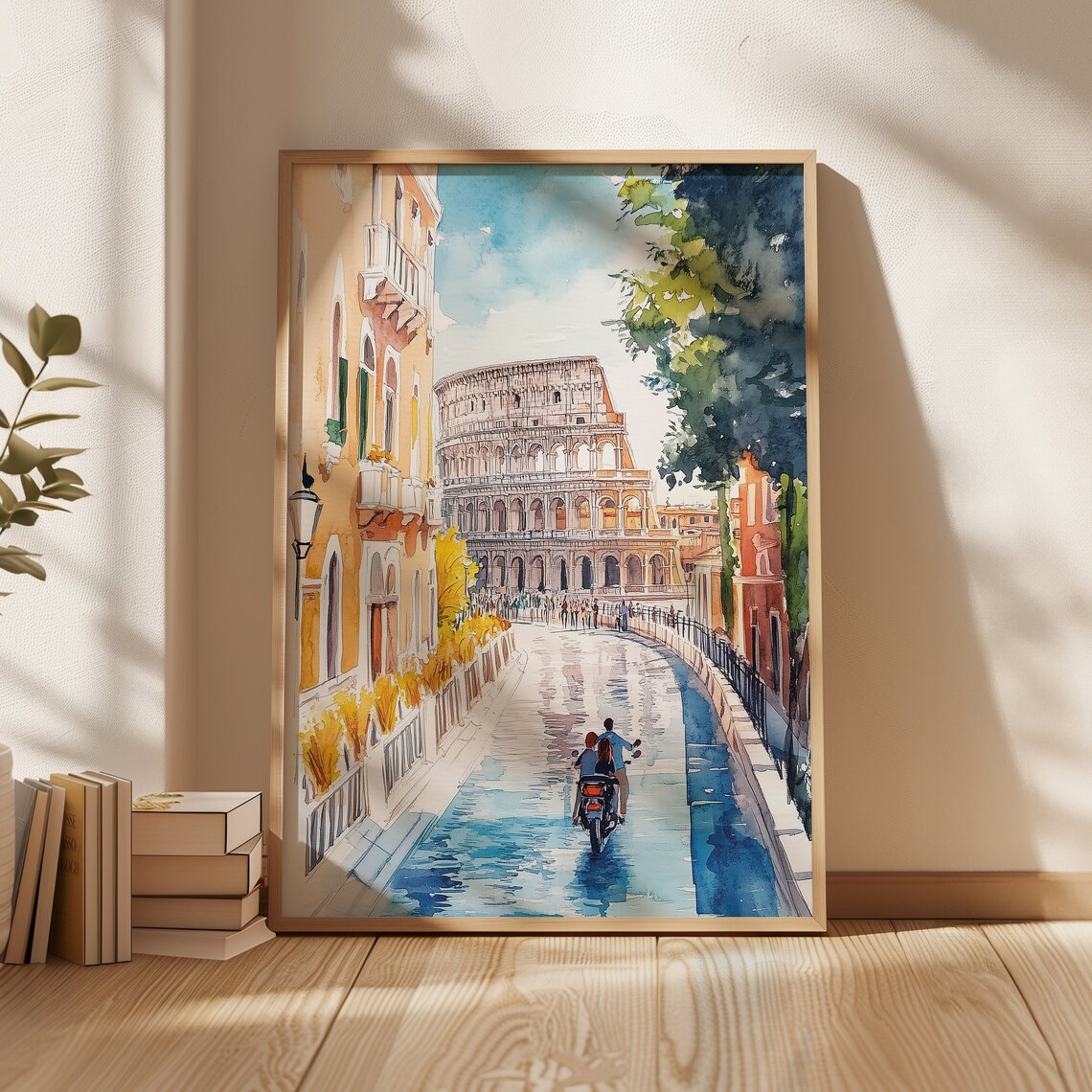 Rome Colosseum Watercolor Sunny Street Vespa Riders Italy Poster - Image 3