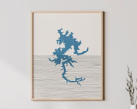 Blue Ridge Lake Minimalist Map Art With Blue Boho Line Waves Poster