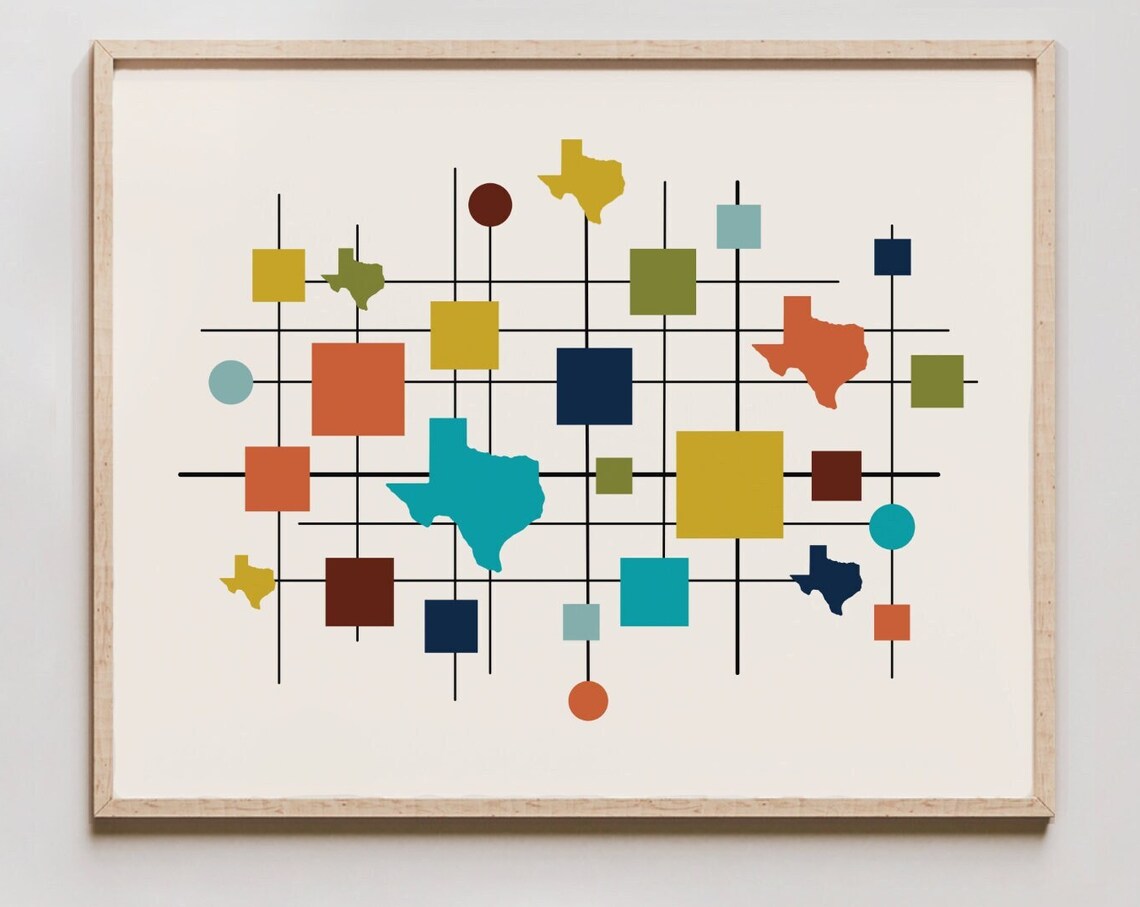 Texas Shapes Mid Century Modern Geometric Abstract Grid Art Poster