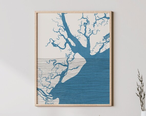 Boho Blue Coastal Marsh Waterway Minimalist Silhouette Poster