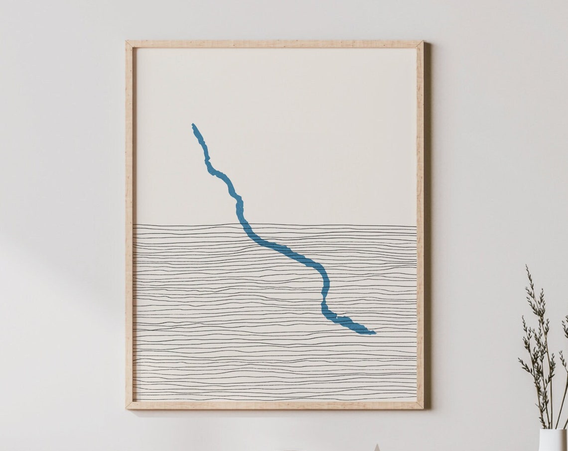 Lake Chelan Long Narrow Blue Water Boho Line Art Minimal Wall Print