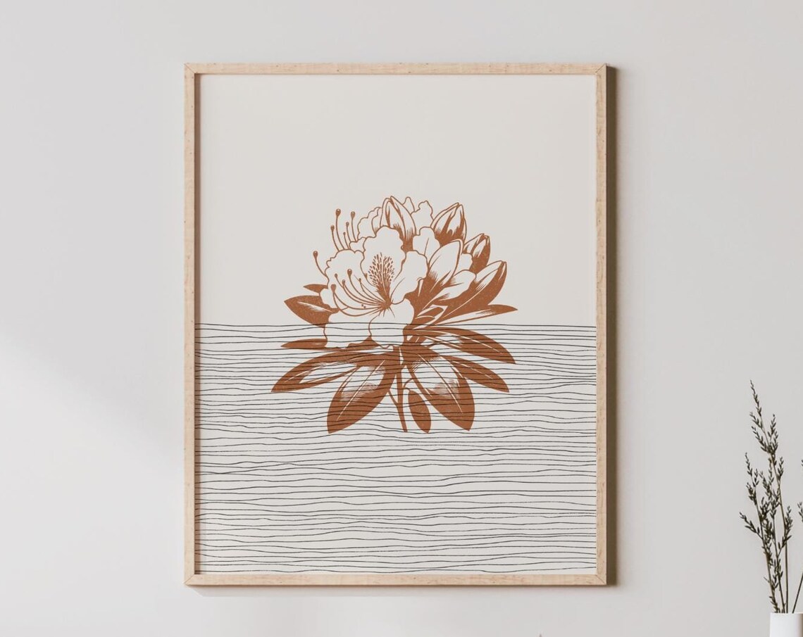 Terracotta Rhododendron Line Art Minimalist Botanical Flower Poster