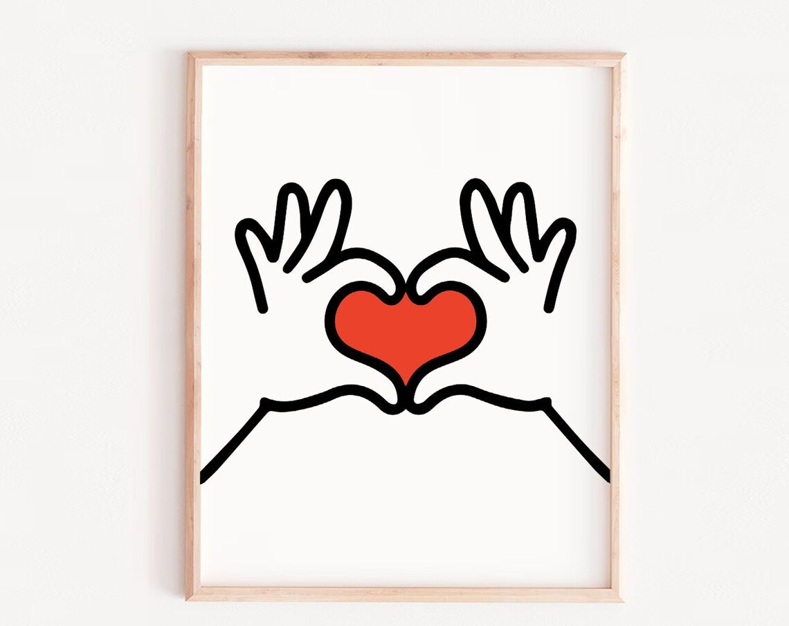 Hands Forming Red Heart Line Drawing Minimalist Love Art Poster