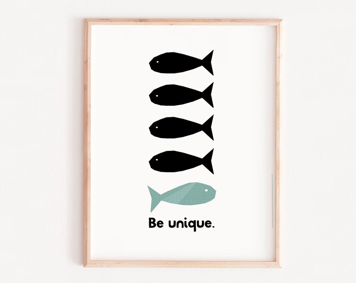 Be Unique Fish Silhouette Minimalist Kids Nursery Room Quote Poster