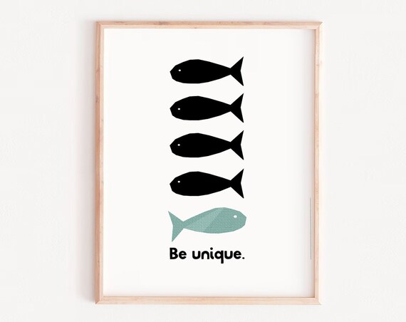 Be Unique Fish Silhouette Minimalist Kids Nursery Room Quote Poster