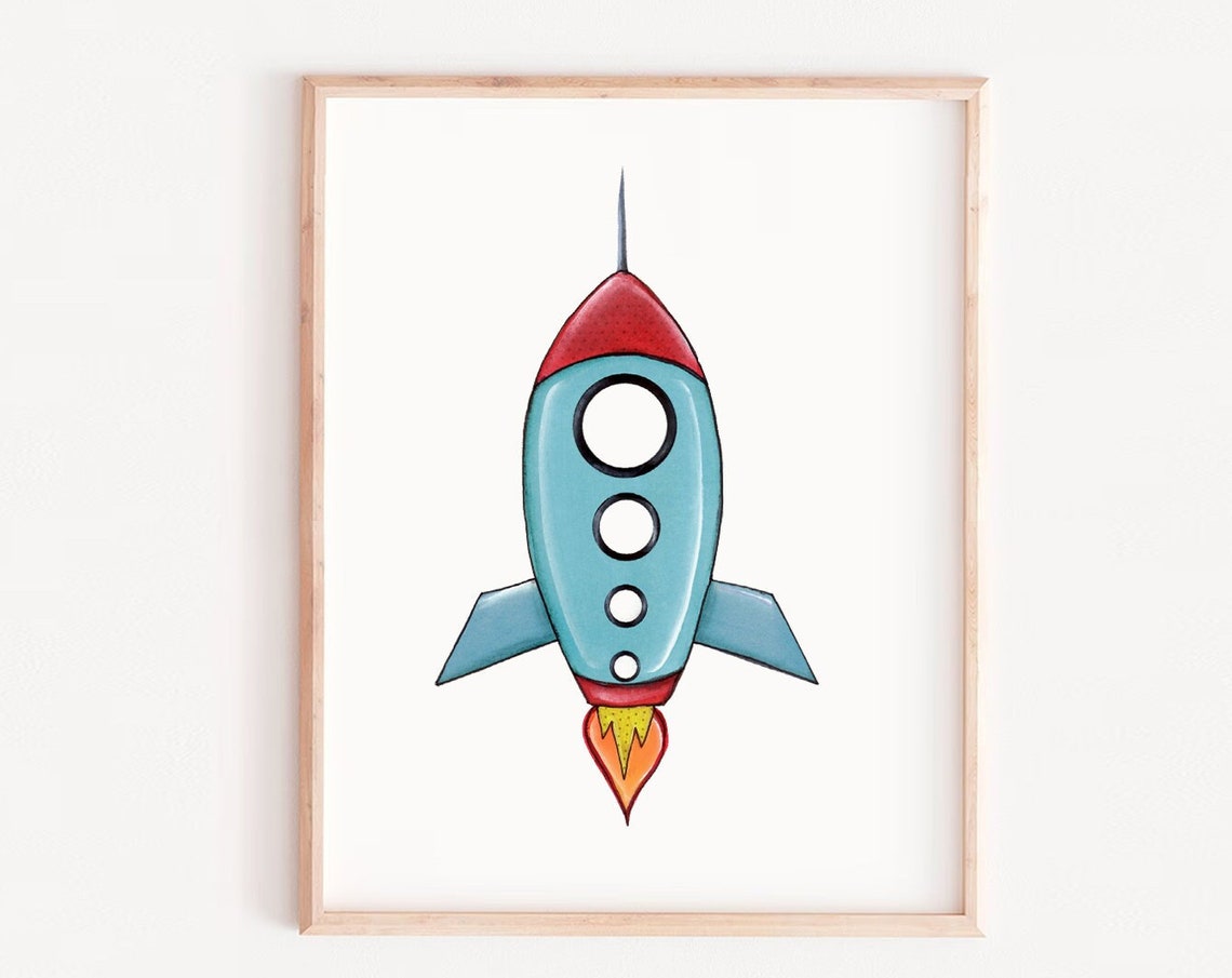 Cute Blue And Red Cartoon Rocket Ship Kids Nursery Space Poster