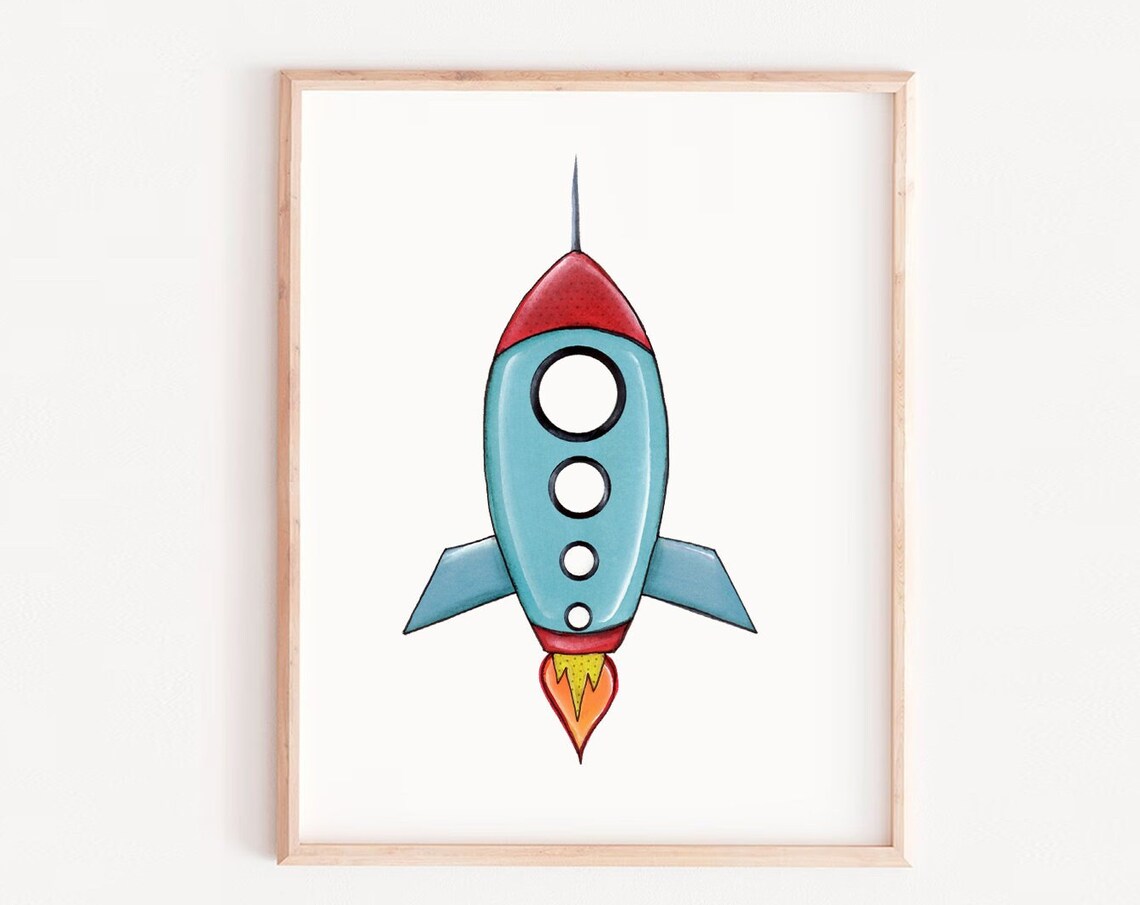 Rocket Nursery Spaceship Print Decor Gift For Kids Gifts Boys Blue