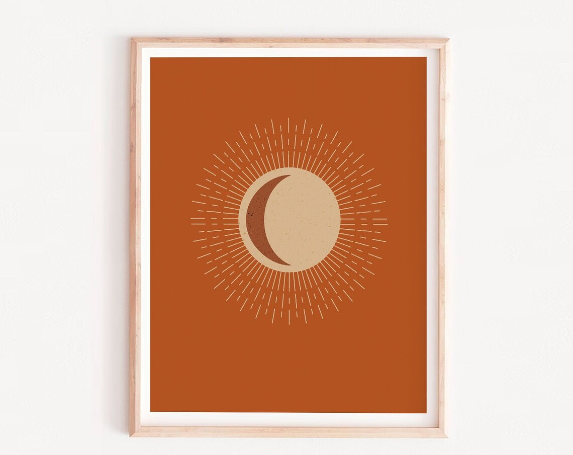 Boho Sun Illustration And Moonprintable Wall Art Celestial Prints Neutral Burnt Orange Print Modern Minimal