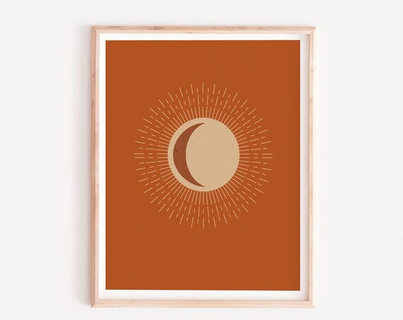 Boho Sun Moon Eclipse Poster, Burnt Orange Celestial Wall Decor