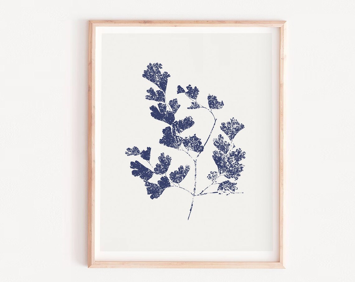 Botanical Branch Blue Leaf Art Print, Modern Neutral