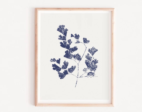 Botanical Branch Blue Leaf Art Print, Modern Neutral