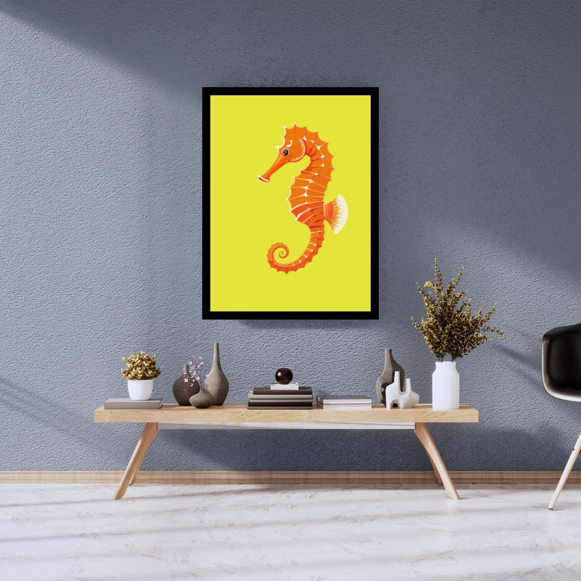 Bold Orange Seahorse Art Print Yellow Background Modern Coastal Wall Decor