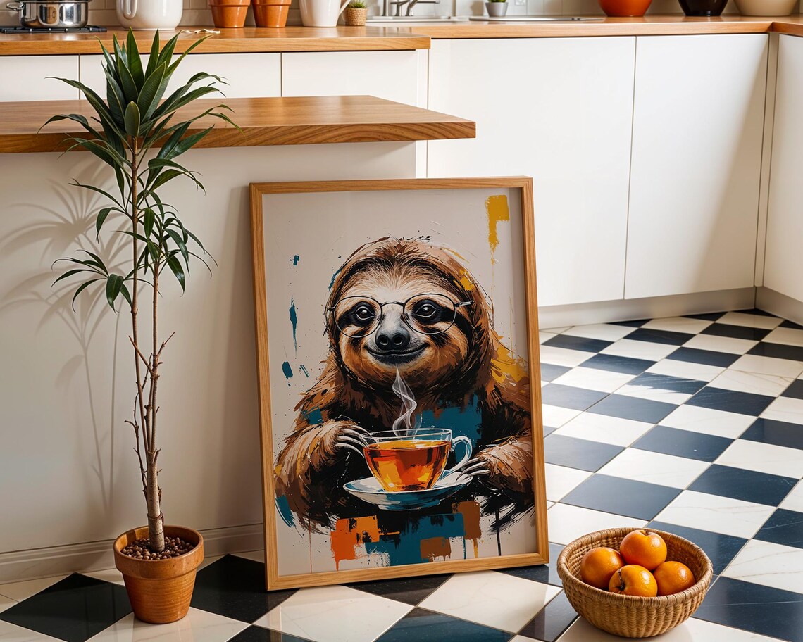 Slow Sips Sloth Whimsical Tea Time Wall Art