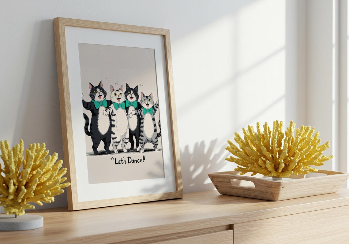 Dancing Cats Lets Dance Funny Kittens Bow Ties Whimsical Art Poster