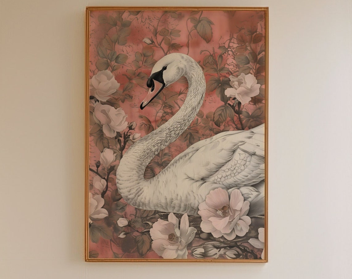 White Swan In S Pose Amid Blush Roses Vintage Floral Art Poster - Image 4