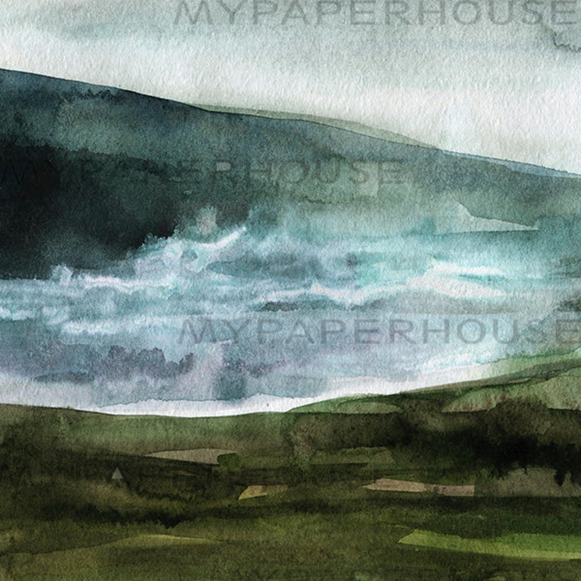Abstract Moody Blue Green Hills Lake Watercolor Landscape Print - Image 3