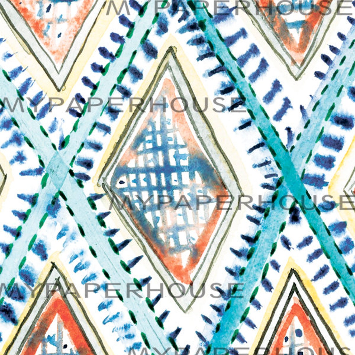 Boho Diamond Pattern Watercolor Turquoise Coral Tribal Modern Wall Art - Image 2