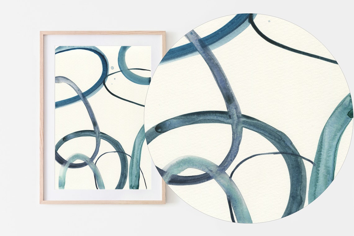 Minimalist Abstract Looping Line Art Ink Blue Curves Modern Wall Art - Image 3