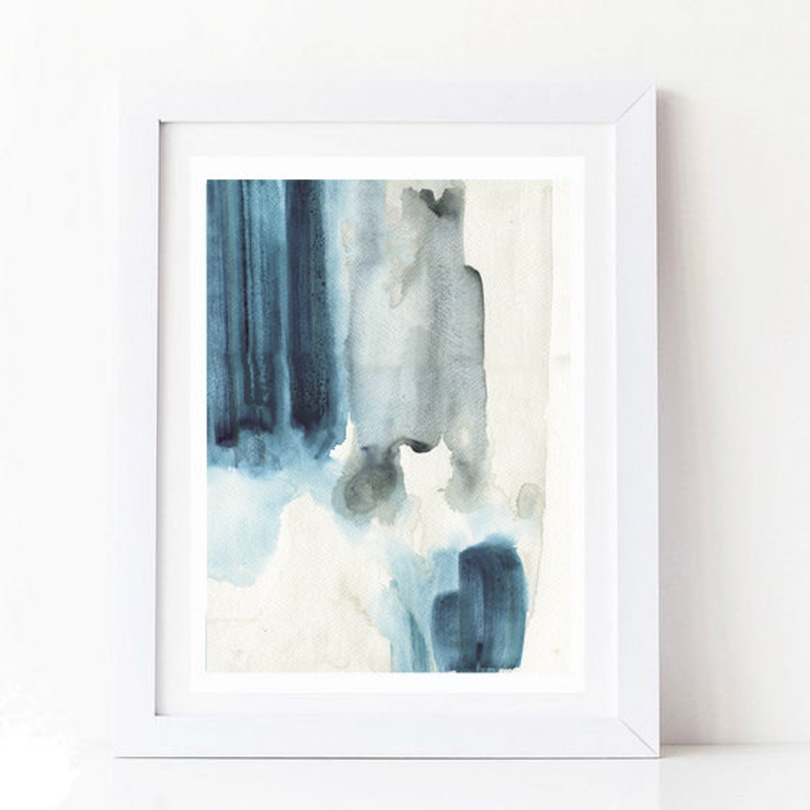 Blue Grey Abstract Watercolor Vertical Brushstroke Modern Art Print