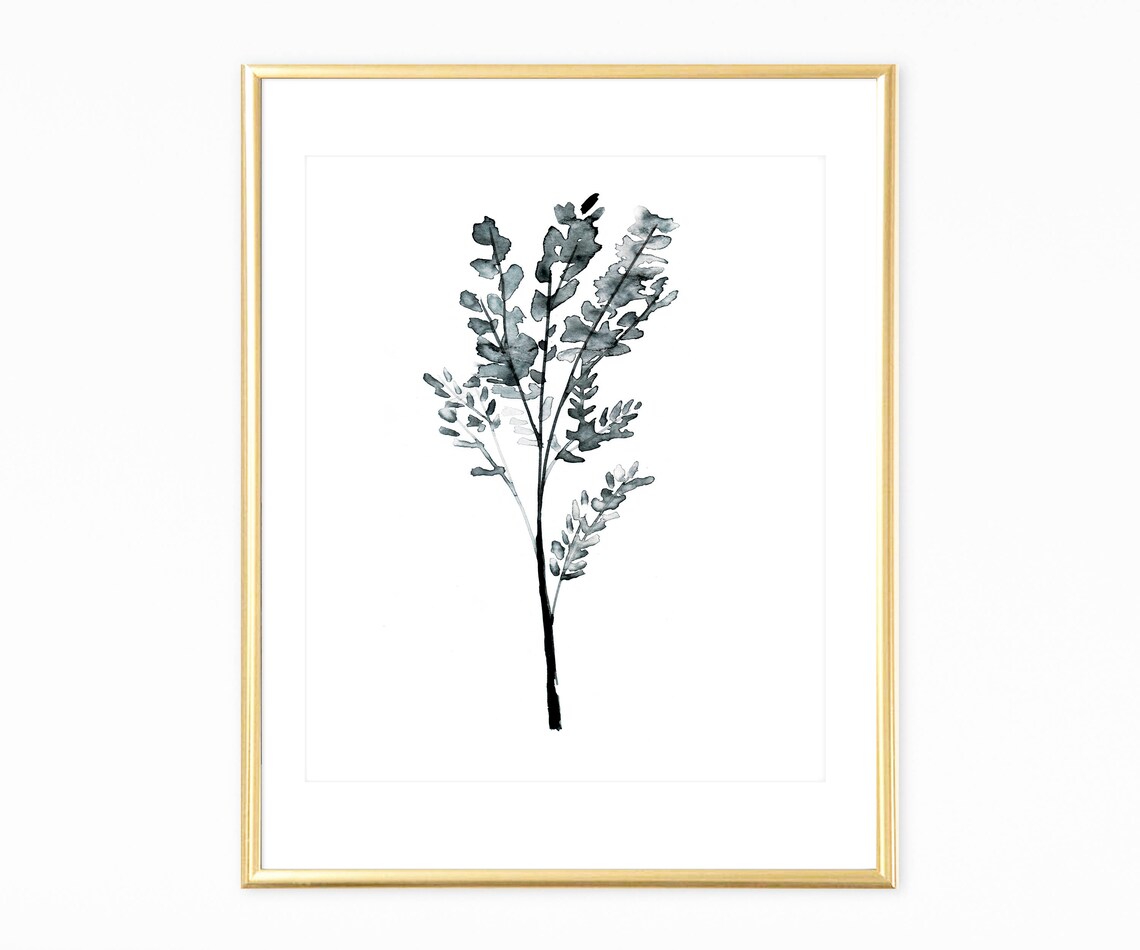 Black White Botanical Fern Watercolor Leaf Stem Branch Art Poster - Image 3