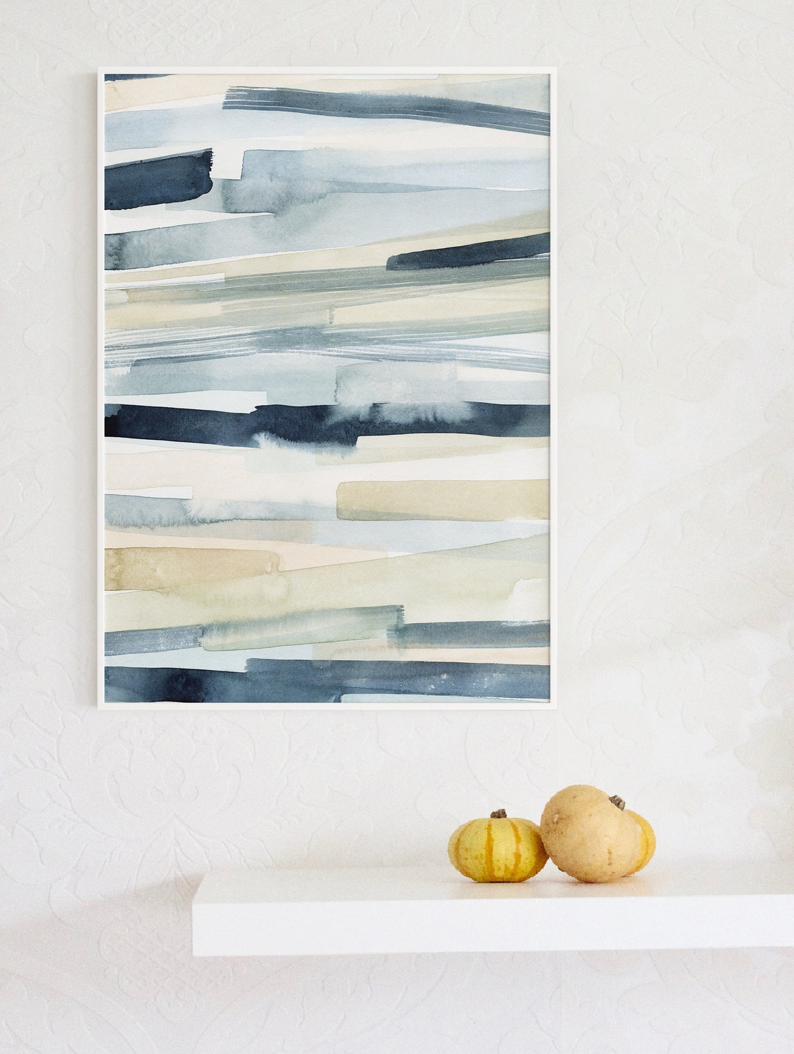 Navy Blue Beige Horizontal Stripe Watercolor Minimal Coastal Wall Art - Image 3