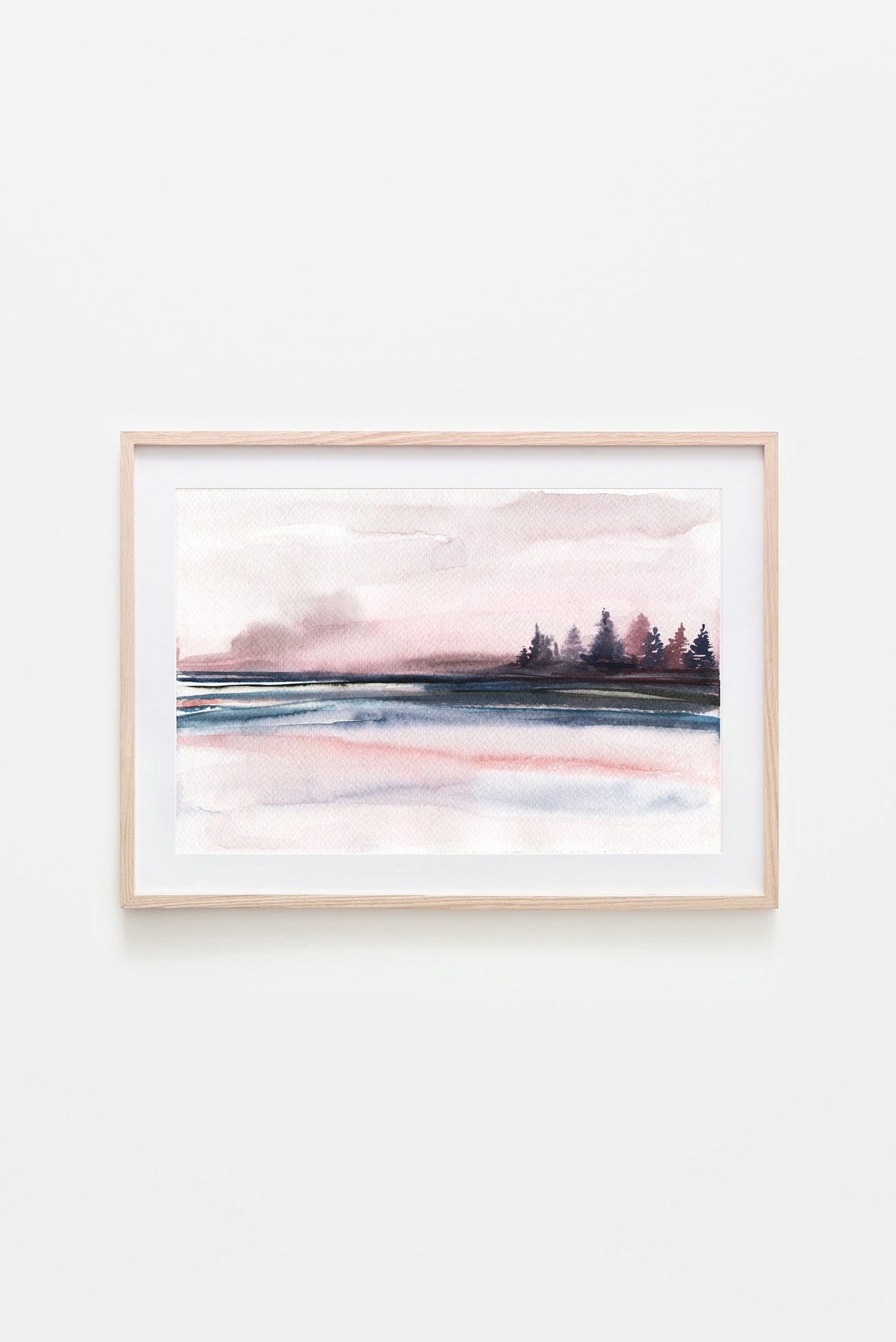 Pink Blue Misty Lake Landscape Watercolor Pine Trees Dawn Wall Art