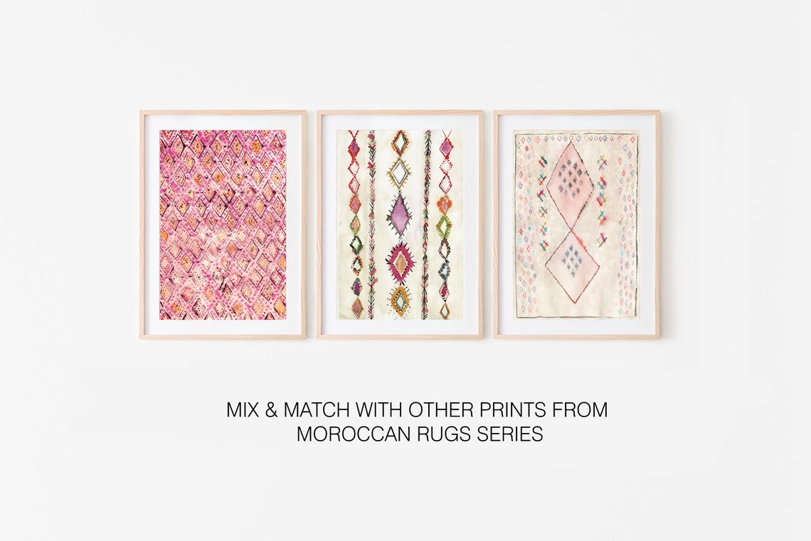 Pink Moroccan Rug Diamond Pattern Boho Textile Watercolor Wall Art - Image 2