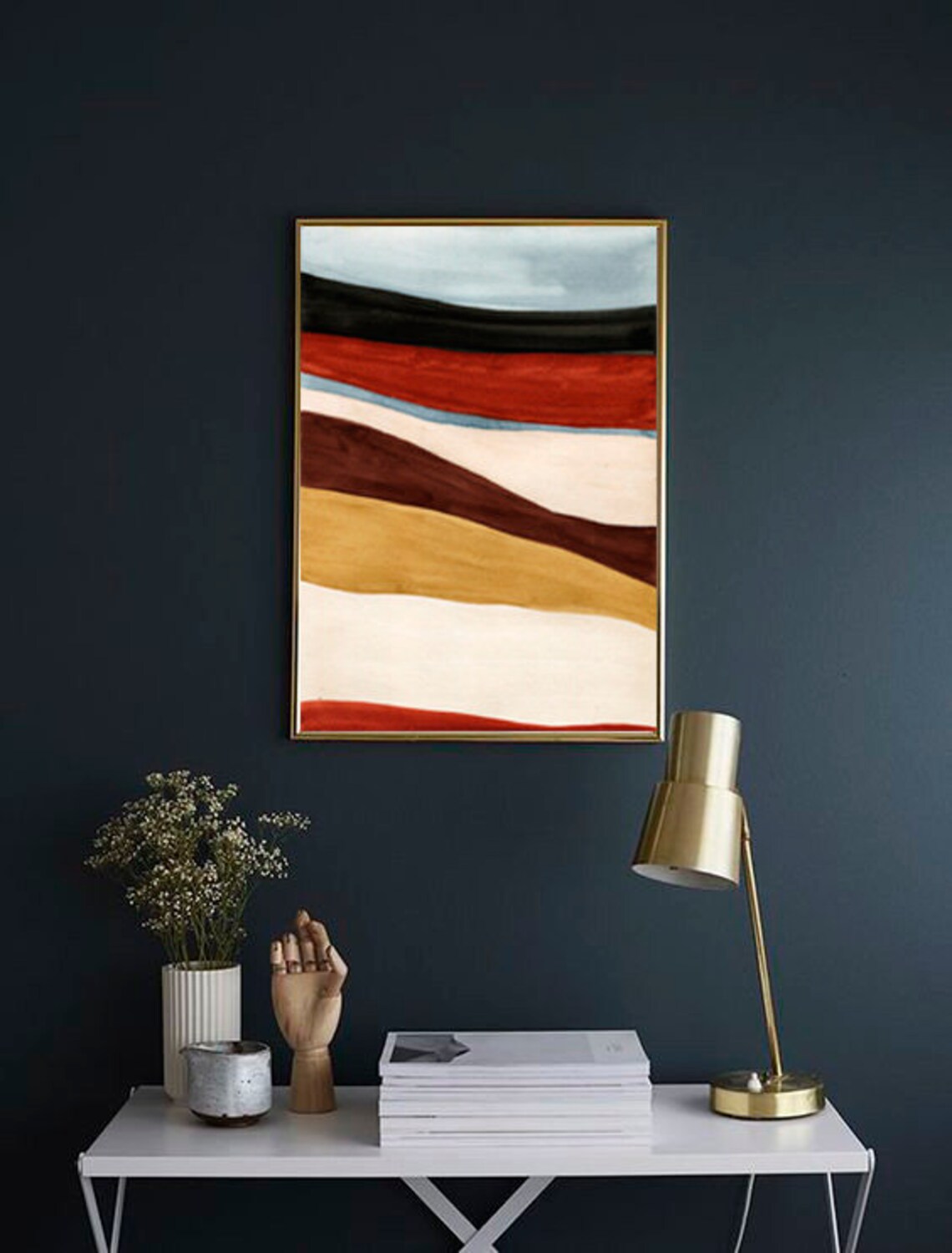 Mid Century Wavy Stripe Watercolor Rust Ochre Brown Modern Art Print - Image 2