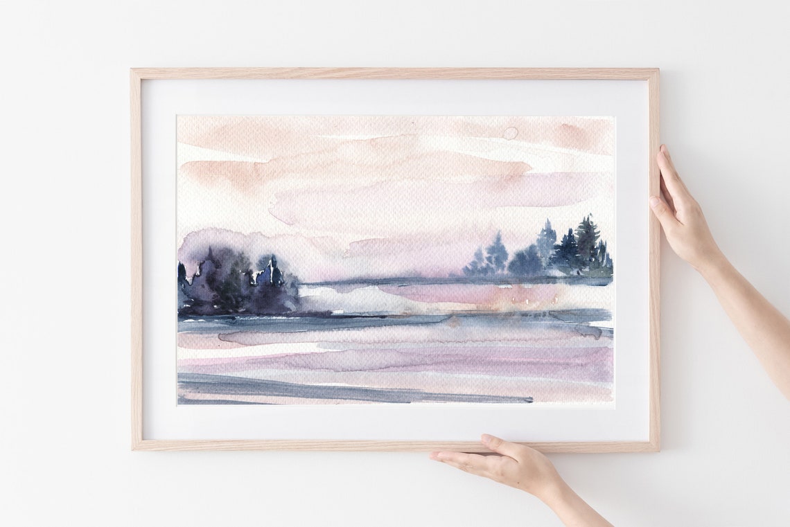 Serene Watercolor Dusk Pine Trees Lavender Lake Reflection Wall Art