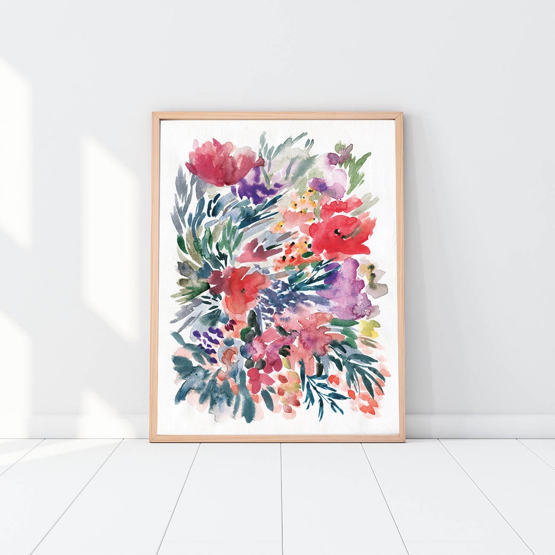 Watercolor Floral Bouquet Poster Pink Purple Red Flowers Botanical Art - Image 2
