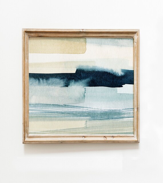 Abstract Square Print Blue Strips Watercolor Brushstroke Instant Neutral Print Statement Watercolor Wall Art Painting Print