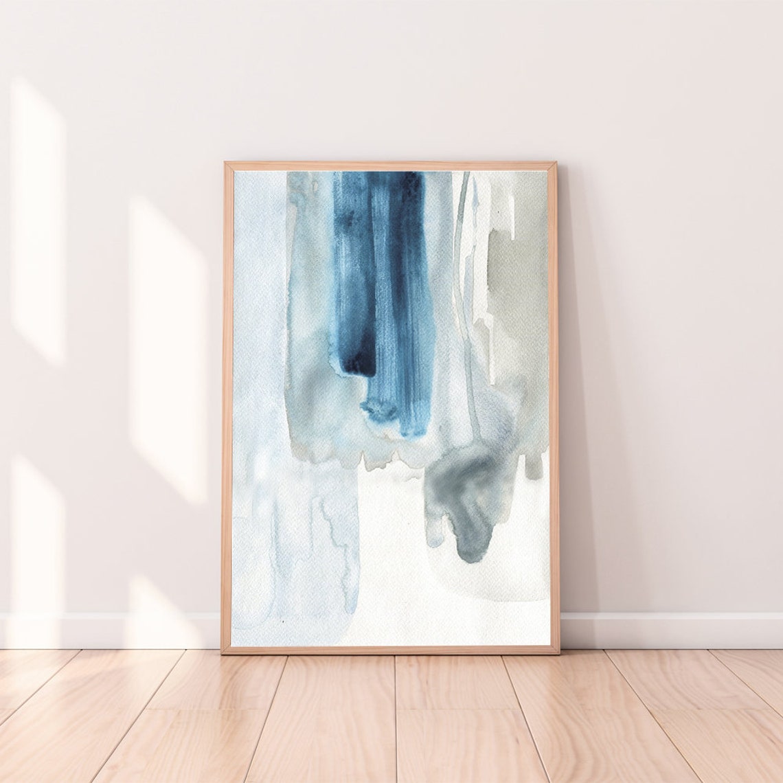Navy Blue Abstract Watercolor Vertical Drip Modern Minimal Wall Art - Image 2