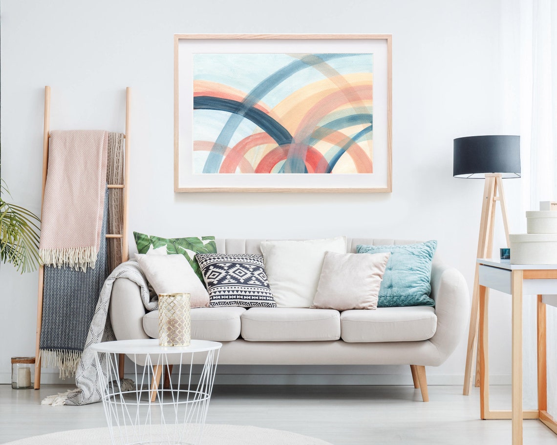 Abstract Colorful Intersecting Arches Watercolor Midcentury Print - Image 3
