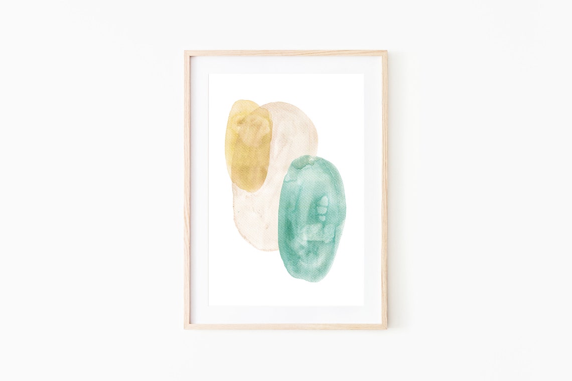 Abstract Pastel Shapes Mustard Yellow and Teal Watercolor Art Poster