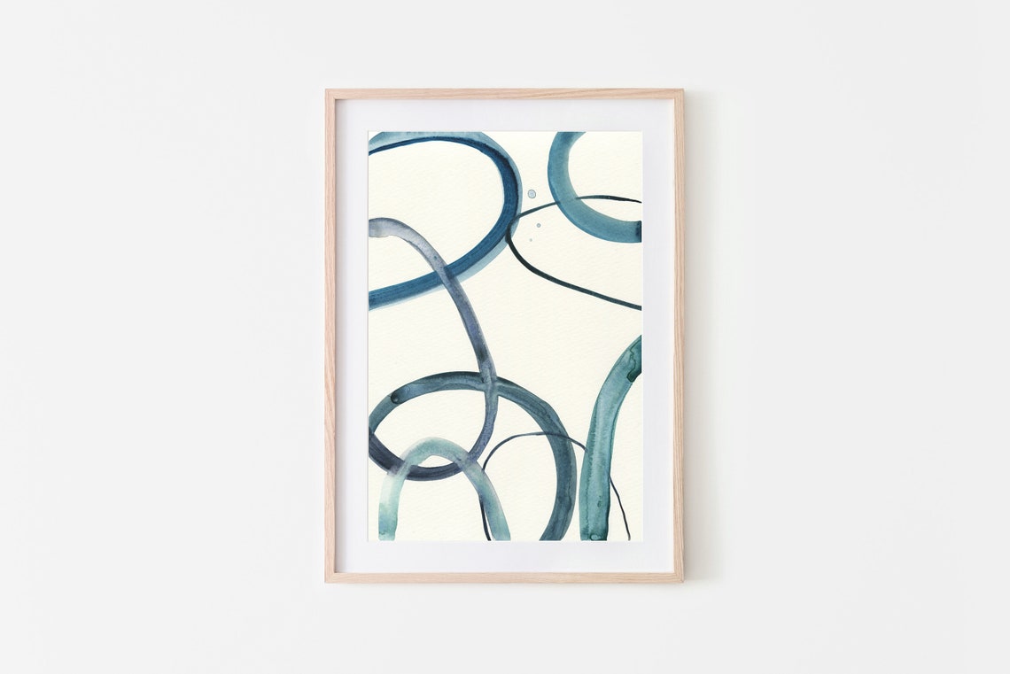 Minimalist Abstract Looping Line Art Ink Blue Curves Modern Wall Art