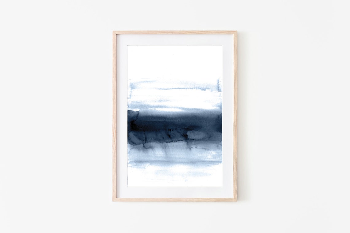 Navy Blue Abstract Watercolor Art Indigo Gradient Bands Wall Art - Image 2