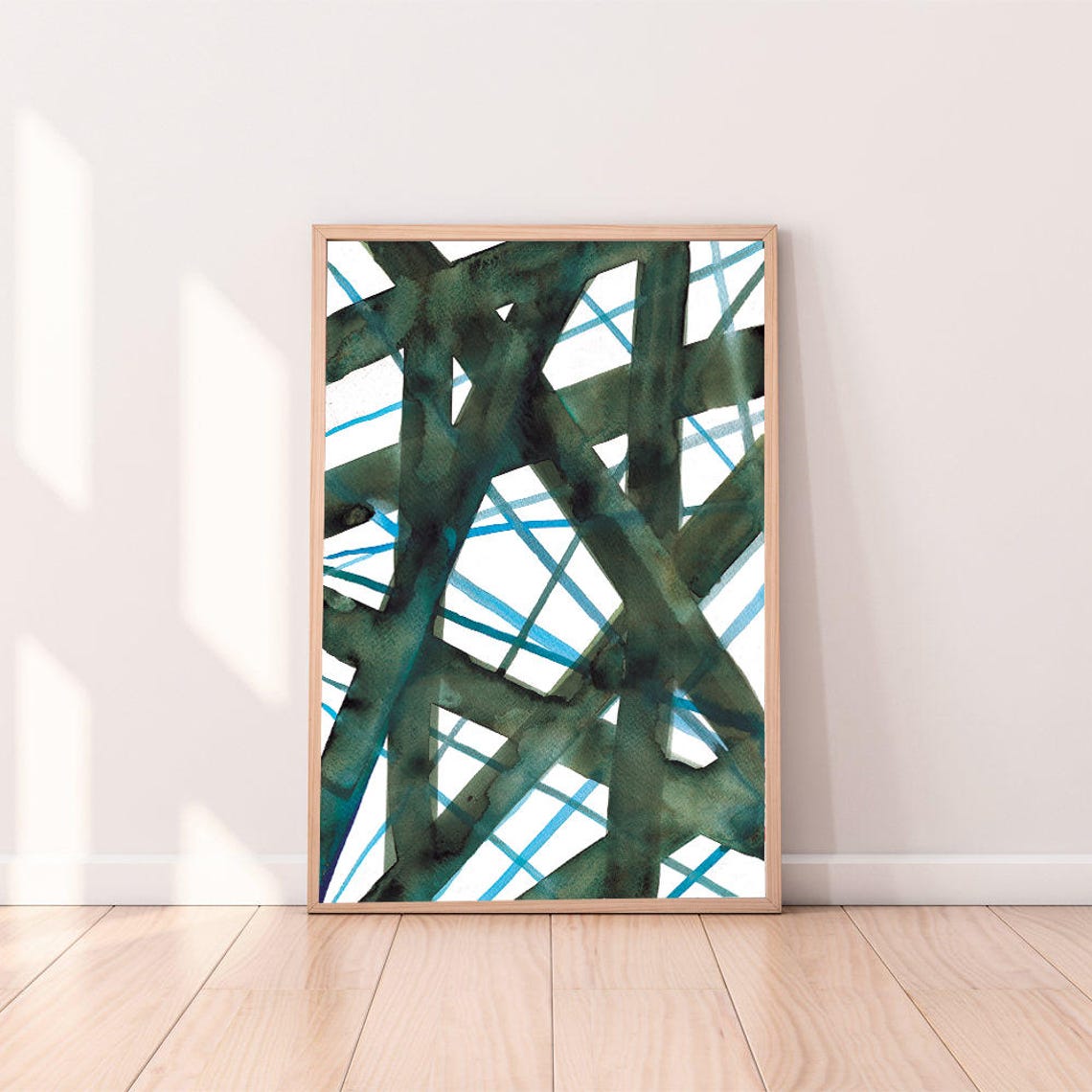 Green Blue Abstract Poster Bold Crossing Lines Modern Geometric Decor