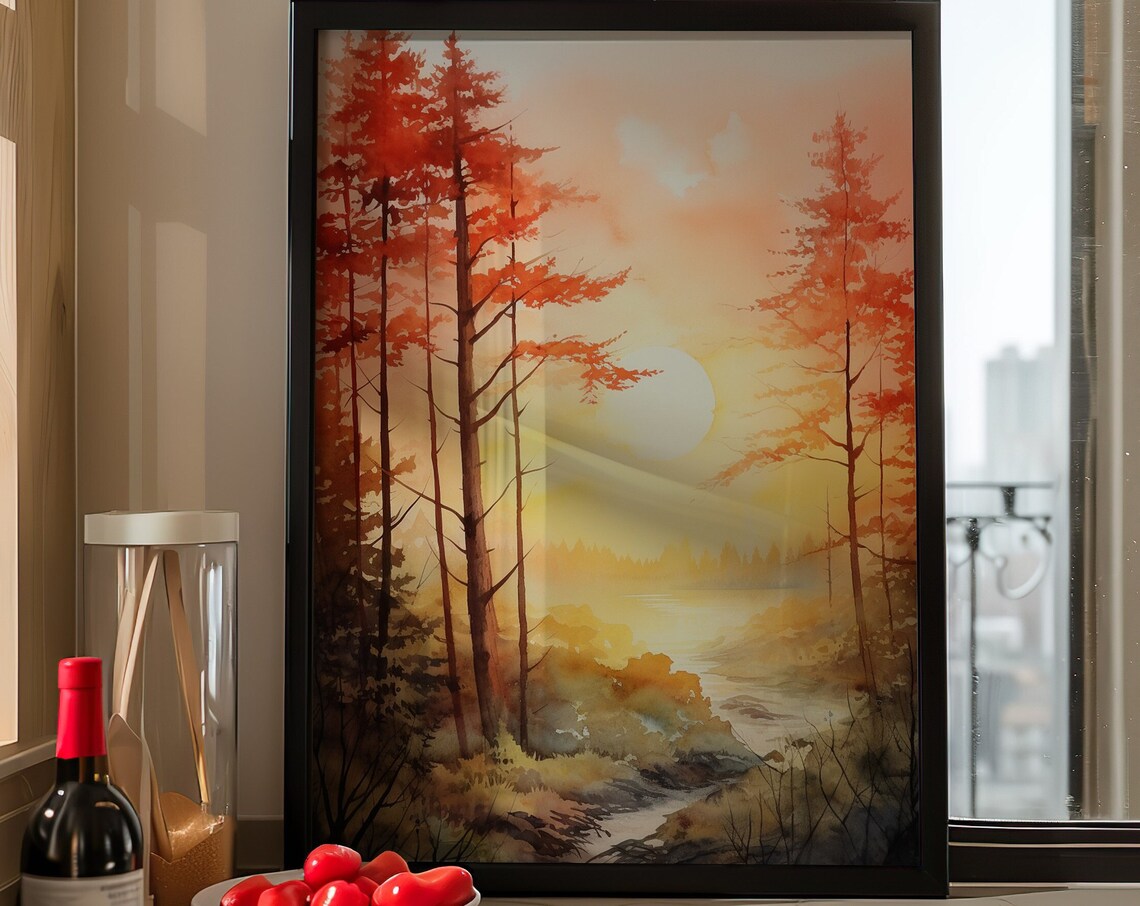 Autumn Sunrise Forest Watercolor Painting Poster with Fiery Orange Trees - Image 4