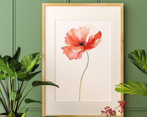 Coral Poppy Bloom Airy Watercolor Minimal Flower Illustration Poster
