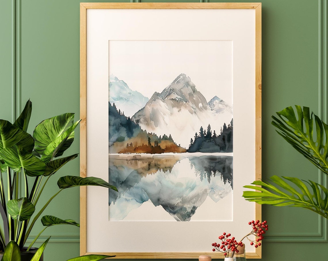Misty Mountain Lake Mirror Reflection Watercolor Nature Poster - Image 5