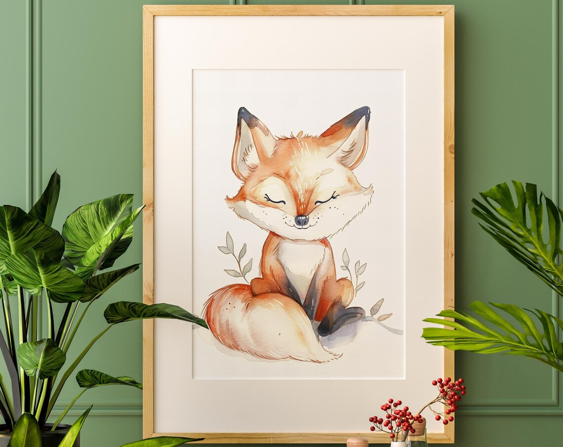 Sweet Cute Sleeping Fox Pup Watercolor Nursery Animal Poster - Image 4