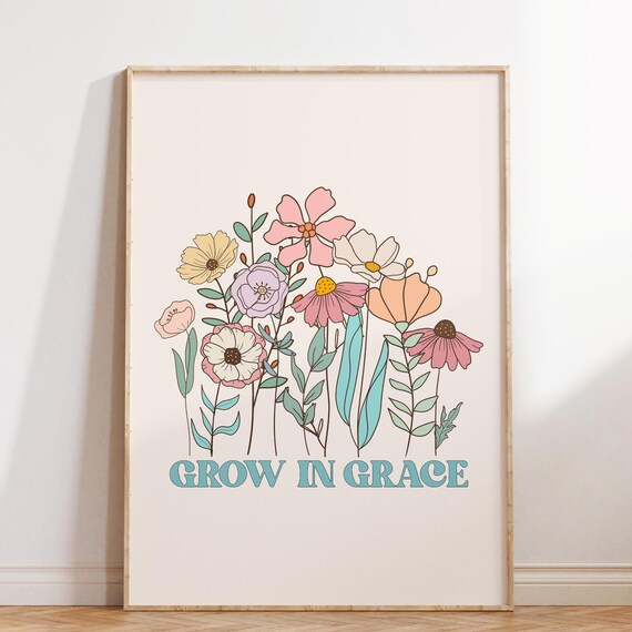 Grow In Grace Pastel Wildflower Line Art Christian Quote Poster