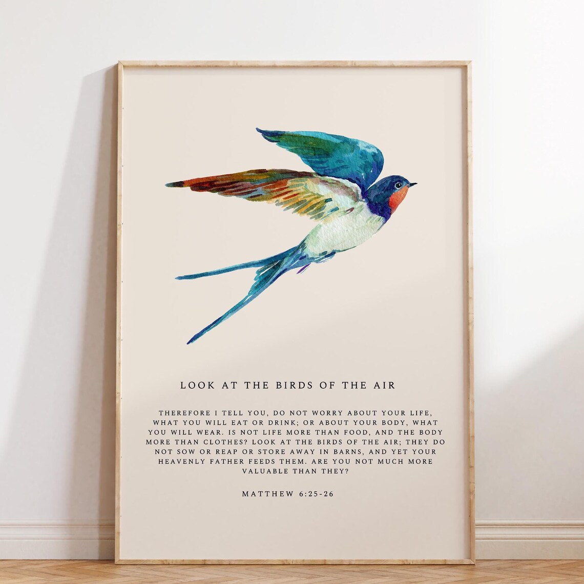 Matthew 6:25-26 Birds, Vintage Bible Verse Art Print