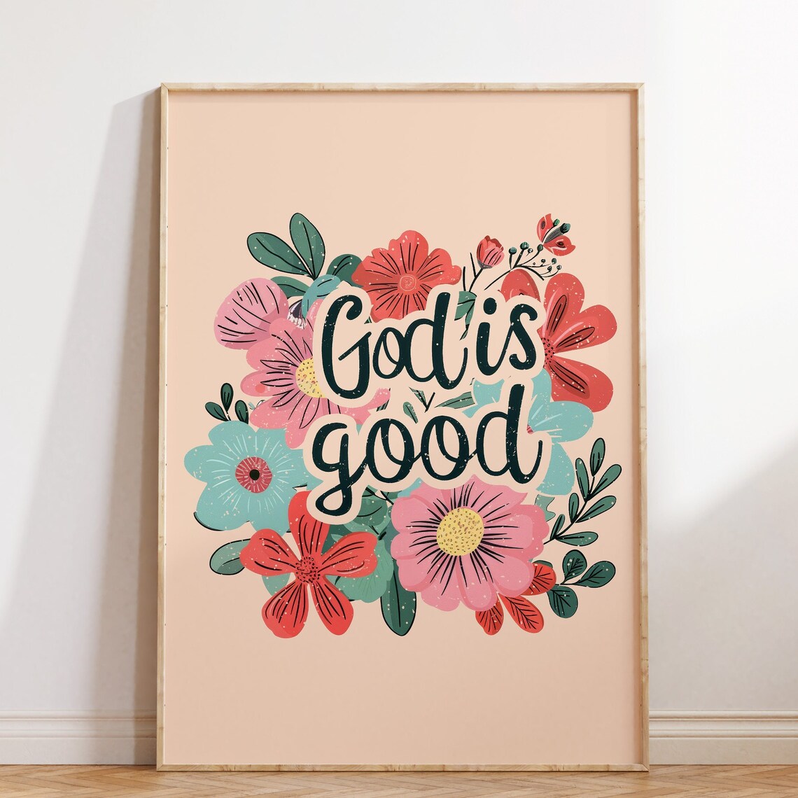 Coral Pink Floral Bouquet God Is Good Hand Lettered Verse Poster