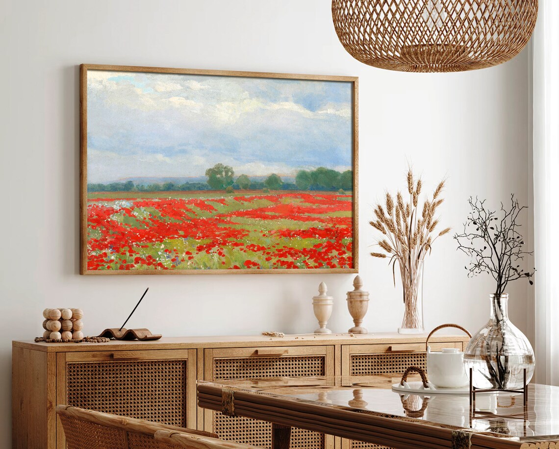 Red Poppy Field Blue Sky Impressionist Landscape Painting Poster - Image 2