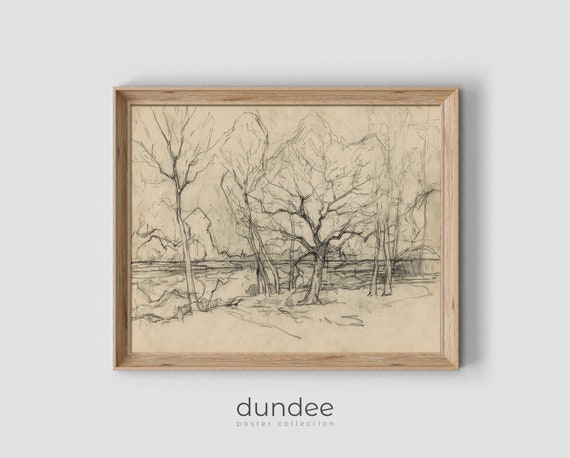 Forest Sketch Black White Tree Sketch Vintage Landscape Print Country Painting Antique Decor