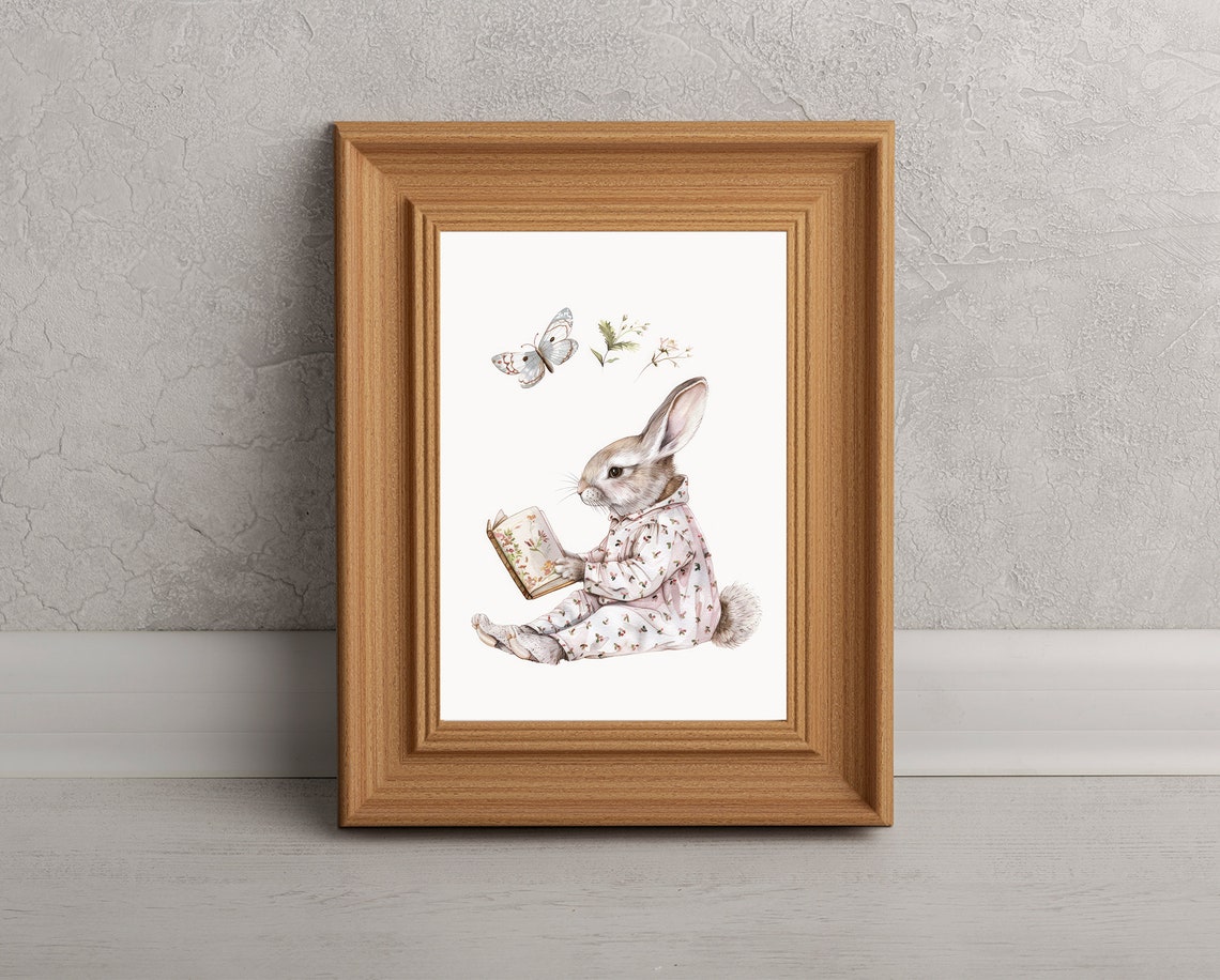 Bunny Reading Book Floral Pajamas Cute Nursery Animal Poster - Image 2