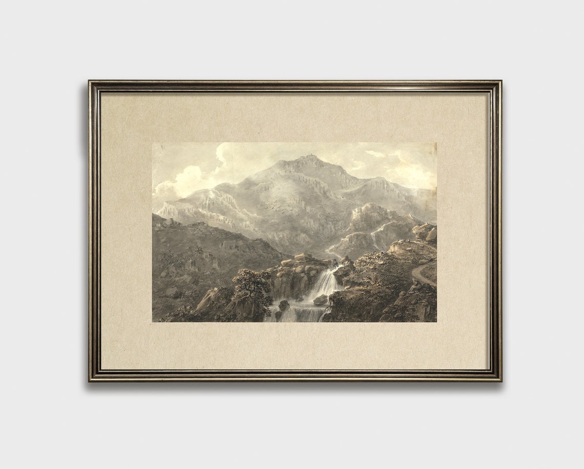 Sepia Mountain Waterfall Scene on Aged Paper Vintage Art Poster - Image 2