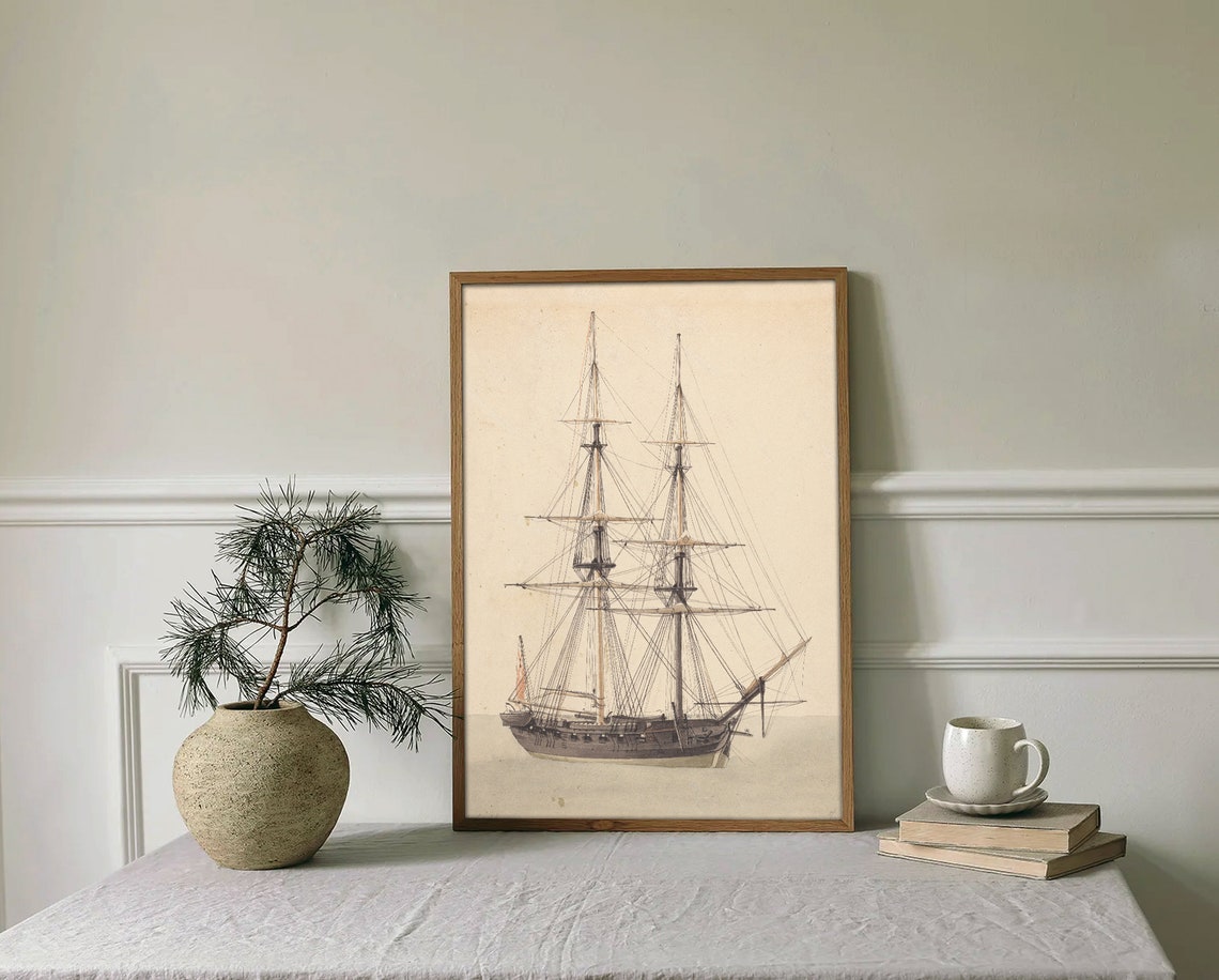Antique Tall Ship With Two Masts Vintage Nautical Engraving Poster - Image 4